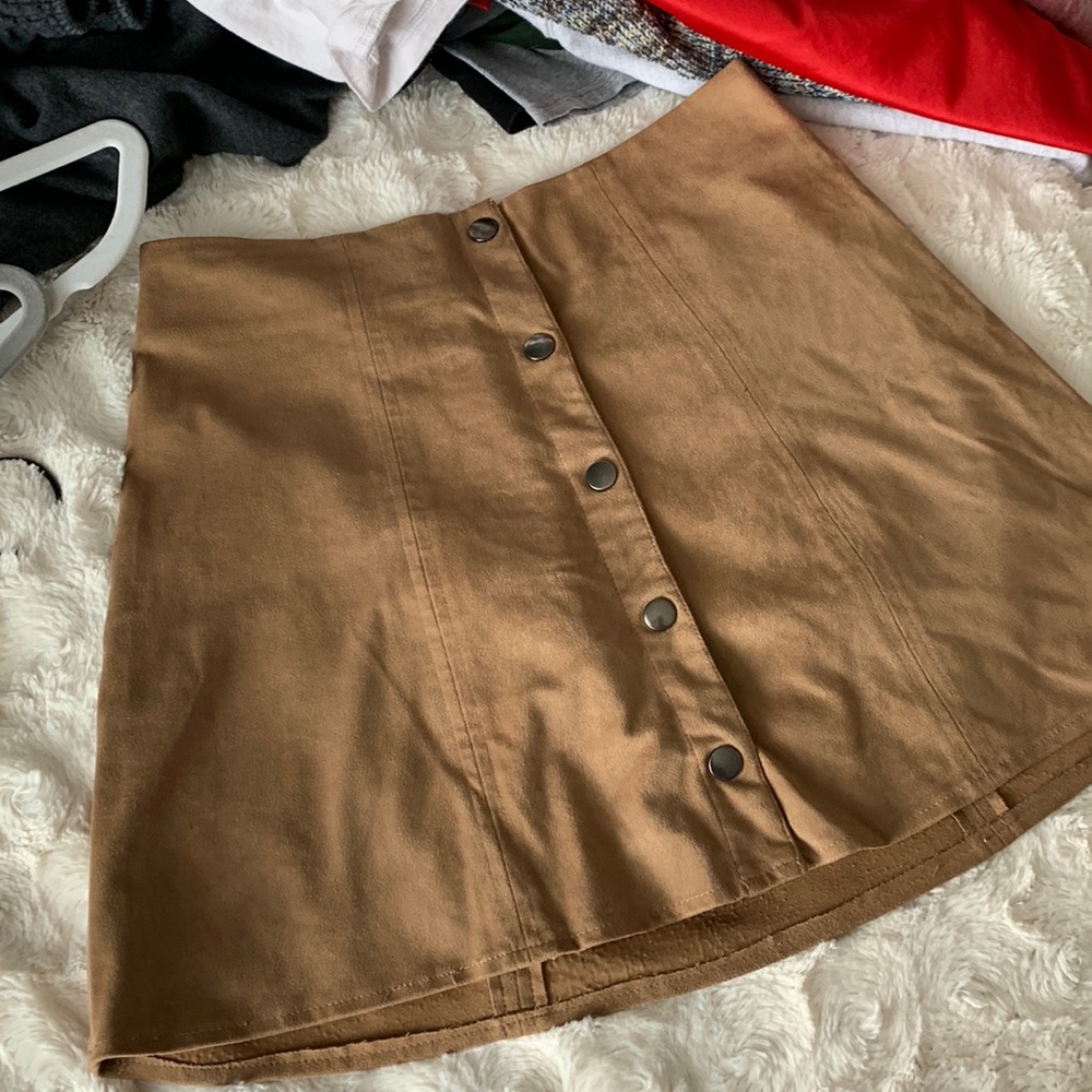 suede tan button up mini skirt